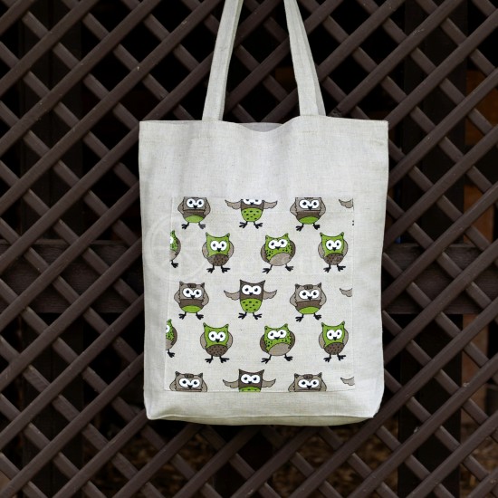 Printed semi-linen shopping bag "Owls green"